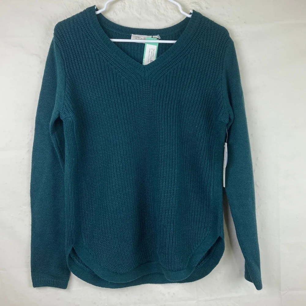 NWT‎ RD Style Pullover Sweater Womens S Teal Green V-Neck Ribbed Preppy Casual